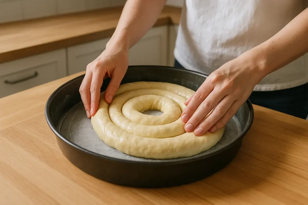 Formiranje spiralnog oblika u plehu postavljanjem uvijenog testa za razvučenu pitu.