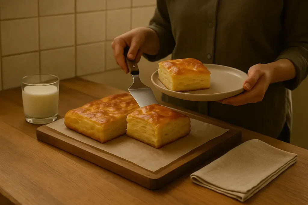 Pečena gibanica sa sirom isečena na parčiće u beloj tepsiji, uz sir, jaja i pavlaku na stolu. Tradicionalna pita sa sirom.