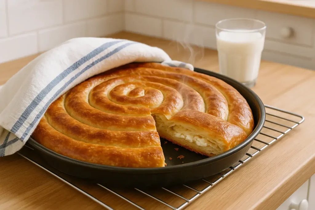 Pečena razvučena pita izvađena iz rerne, prekrivena kuhinjskom krpom, uz čašu mleka na stolu.