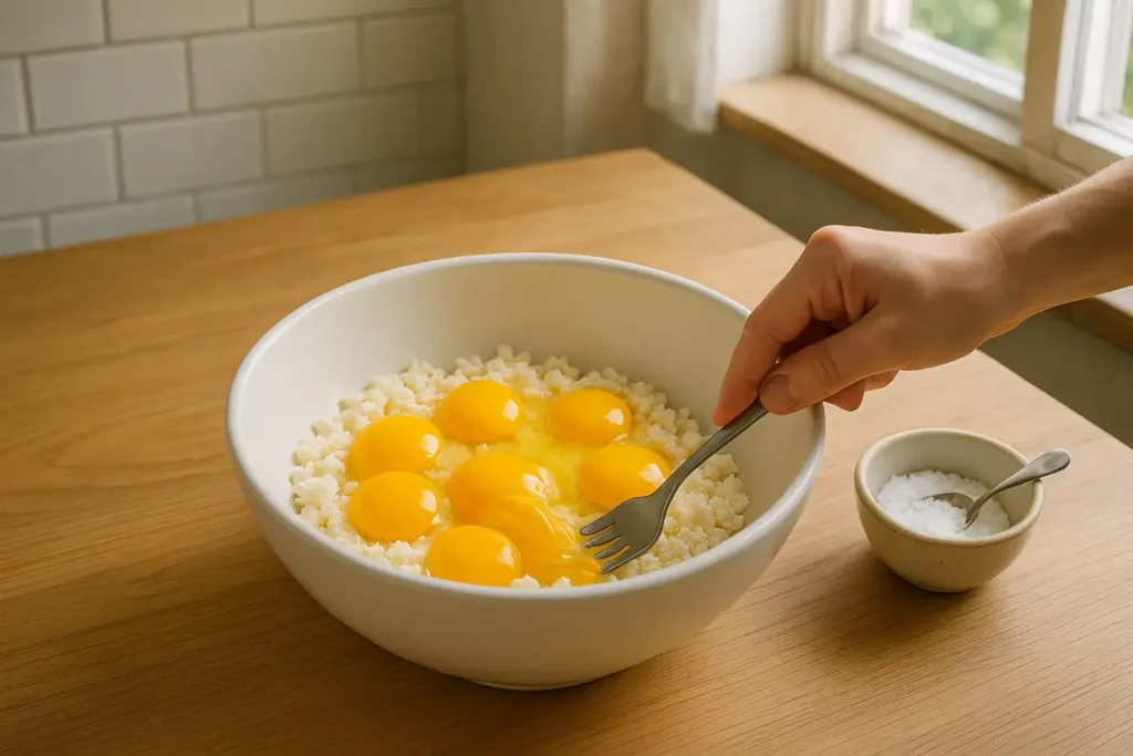 Umutjena jaja pomešana sa izmrvljenim belim sirom u velikoj posudi za pripremu fila.