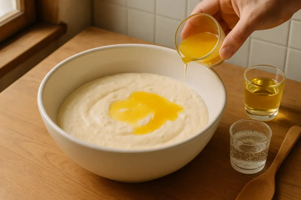 Mešanje ulja, otopljenog maslaca i kisele vode u fil za laganu i prozračnu teksturu