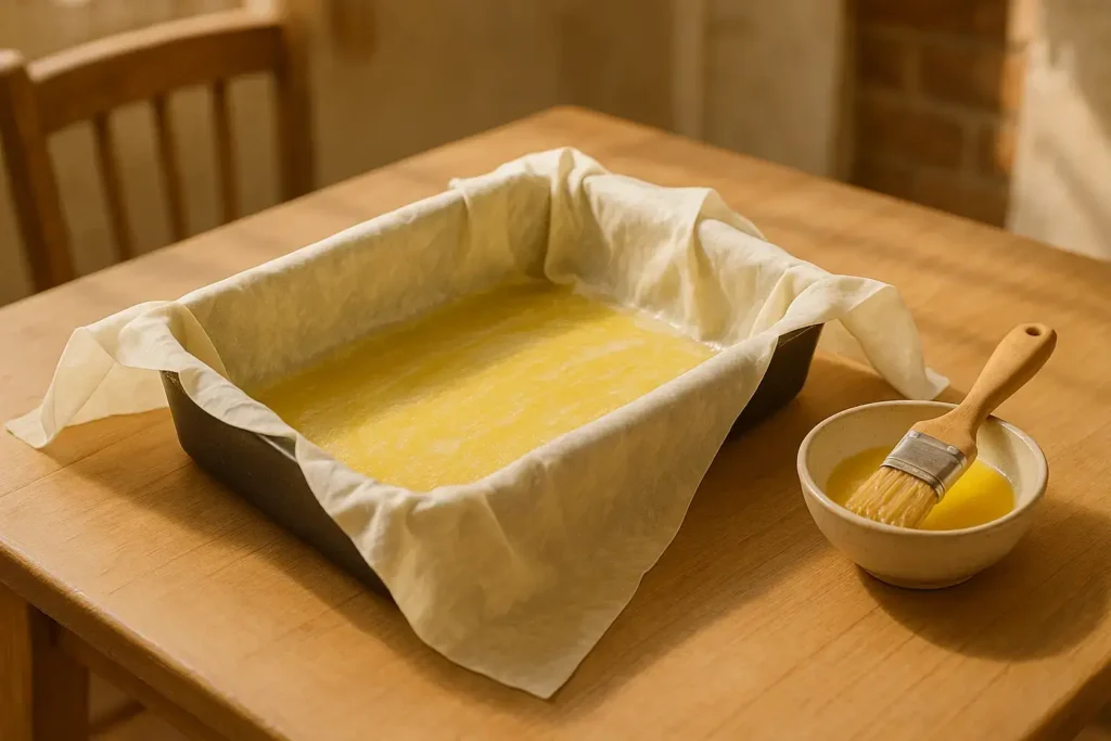 Premazivanje tepsije maslacem i postavljanje dve kore koje vise preko ivica