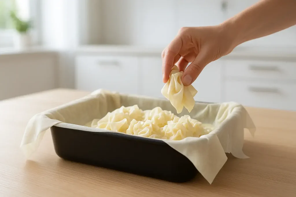 Gužvanje i umakanje kora u fil, pa njihovo slaganje bez pritiskanja u tepsiji