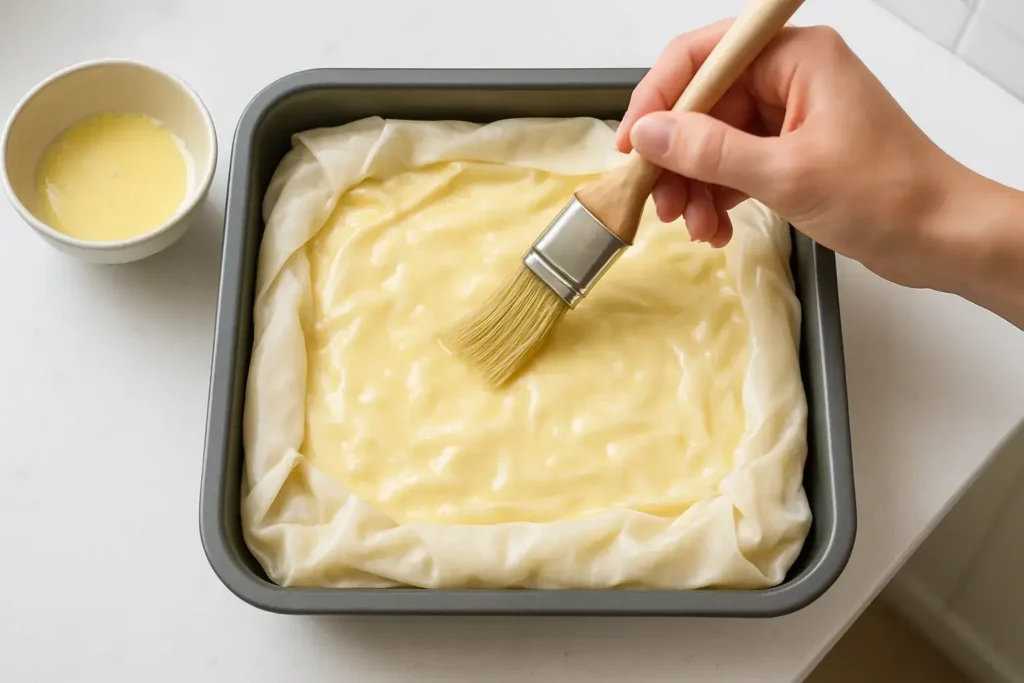 Preklapanje visećih kora preko pite i premazivanje ostatkom fila za hrskavu koricu