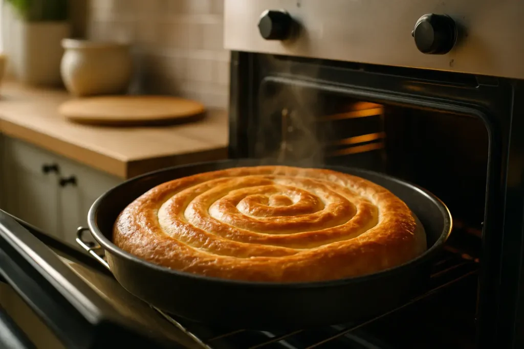Pečenje spiralne razvučene pite u rerni dok ne dobije zlatno-smeđu koru.