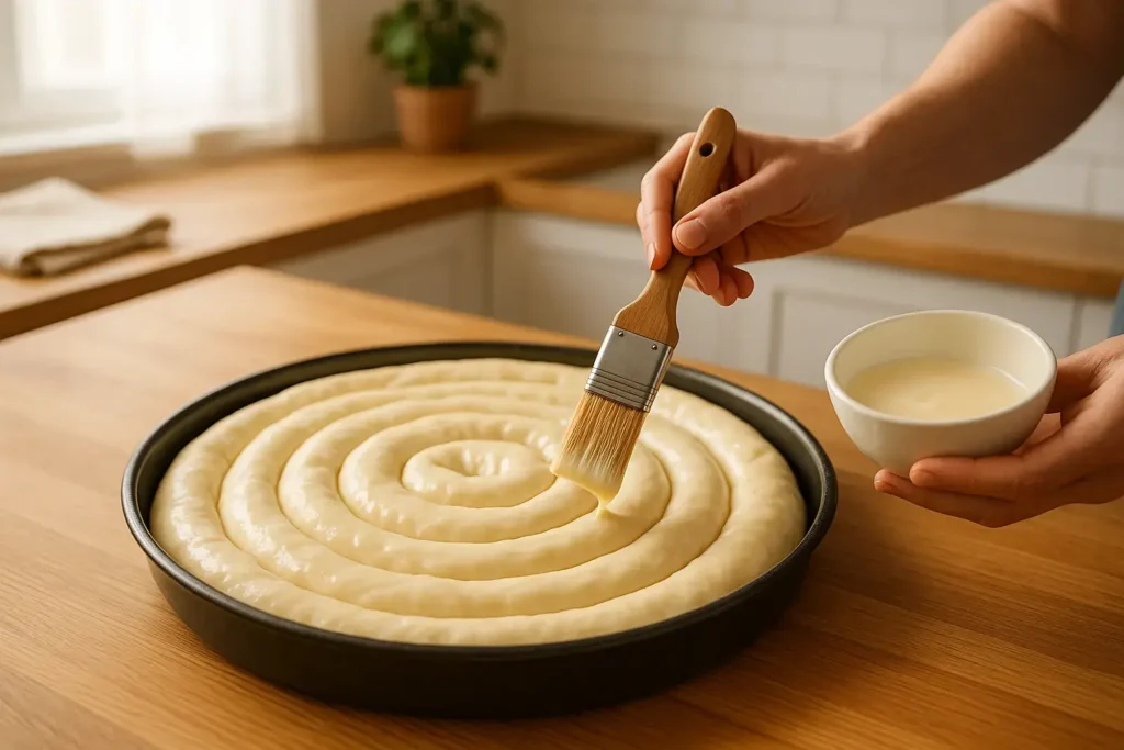 Premazivanje spiralne razvučene pite pripremljenom smesom pre pečenja.