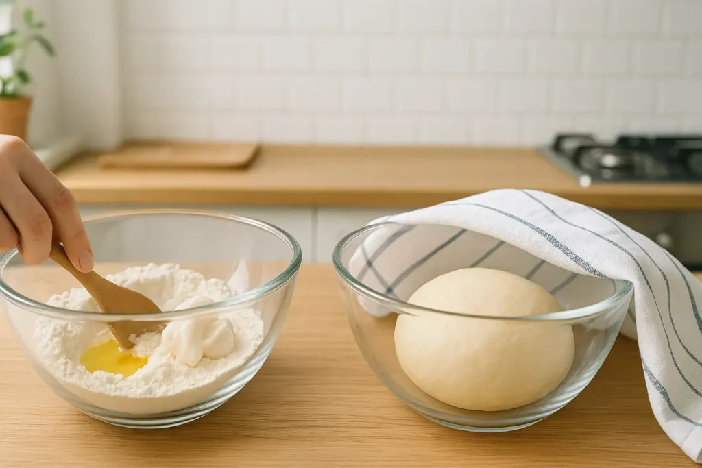 Priprema testa za razvučenu pitu: mešanje brašna, masti i žumanceta u činiji, pored koje se nalazi testo.