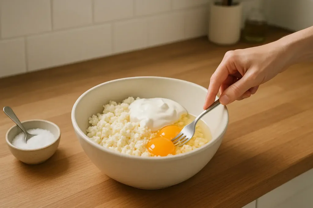 Priprema fila za razvučenu pitu: mešanje sira, pavlake i dva žumanca u činiji, uz činijicu sa solju sa strane.