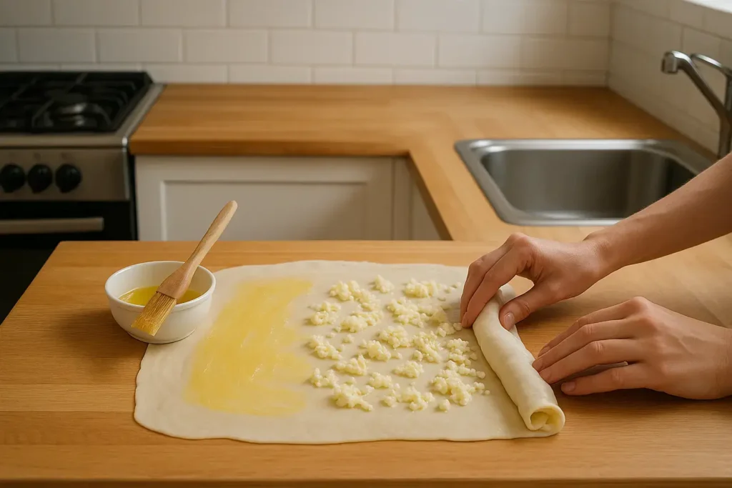 Punjenje razvučenog testa filom od sira i uvijanje testa u rolat.