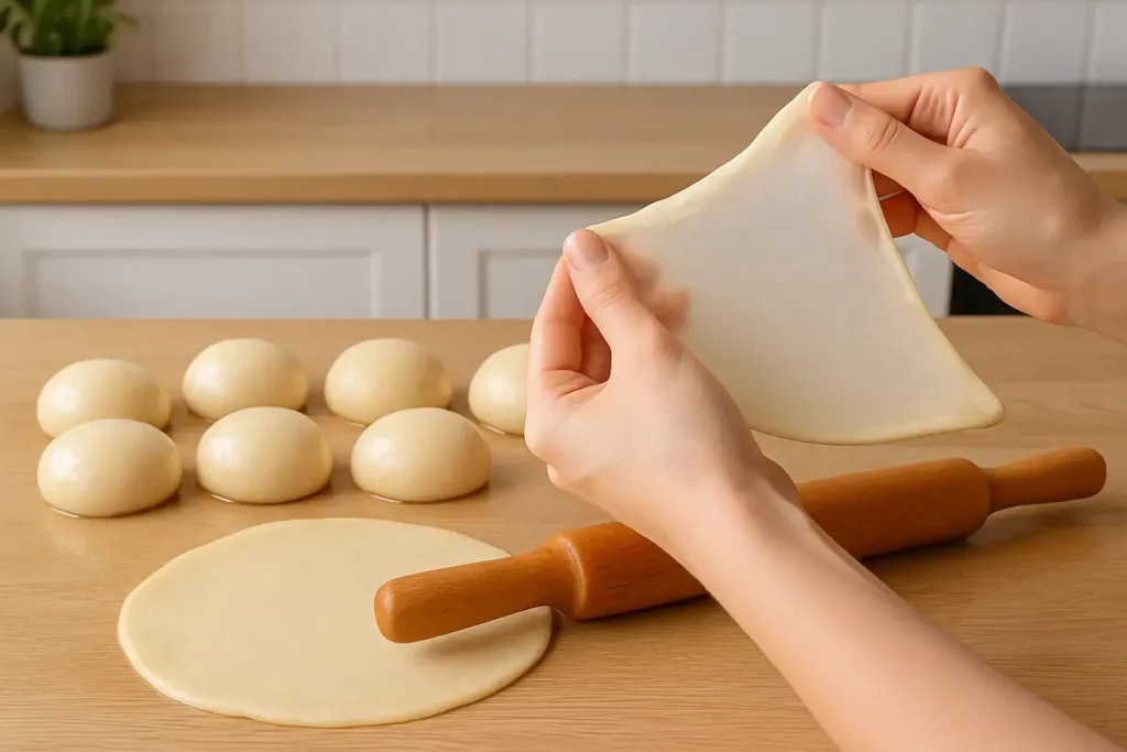 Formiranje kuglica od testa i razvlačenje tankog sloja testa za razvučenu pitu.