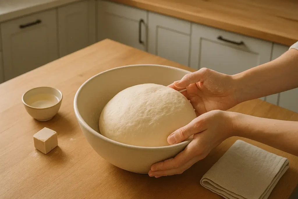 Sveže umućeno domaće testo za sukanu pitu od sira, spremno za odmaranje.