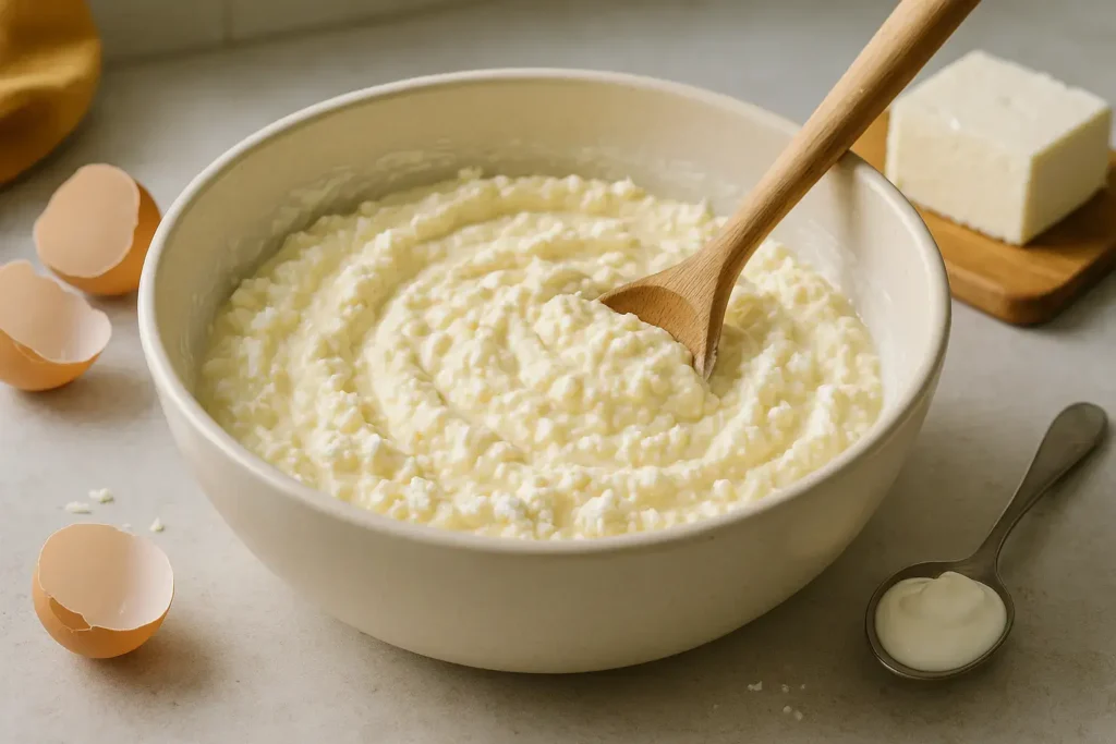 Punjenje za sukanu pitu od sira i jaja u činiji, sa drvenom kašikom i svežim sirom u pozadini.