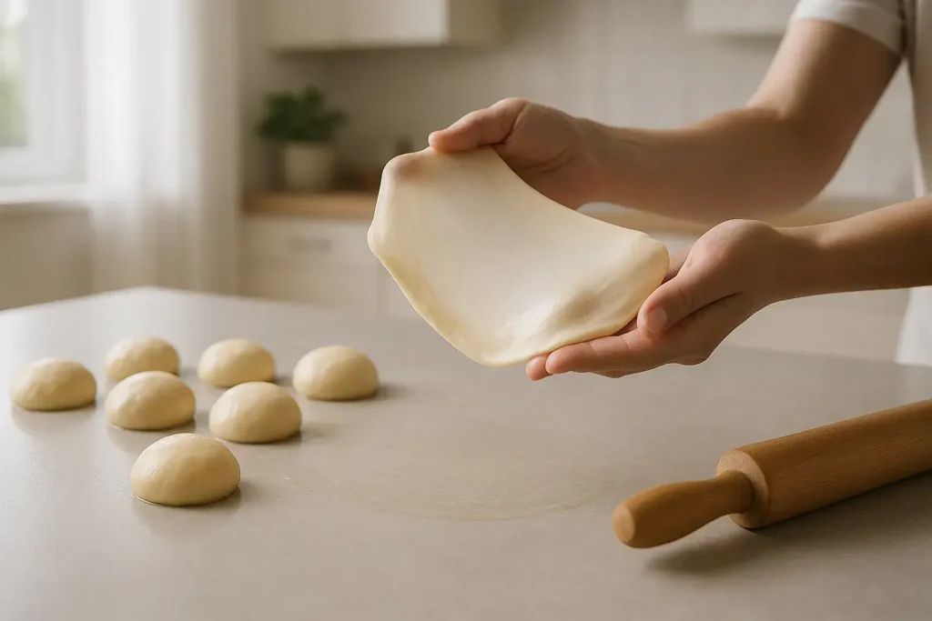 Rukama i oklagijom se razvlači tanko testo na stolu, priprema za domaću sukanu pitu sa sirom.