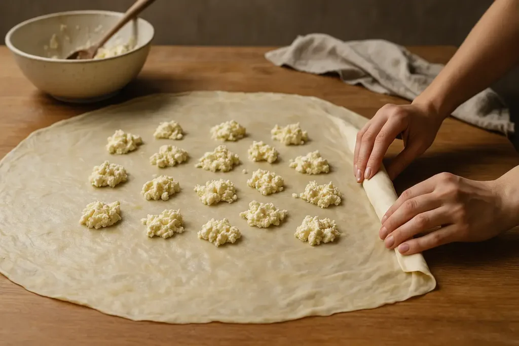 Komadići fila od sira raspoređeni po kori, ruka uvija pitu u rolat.