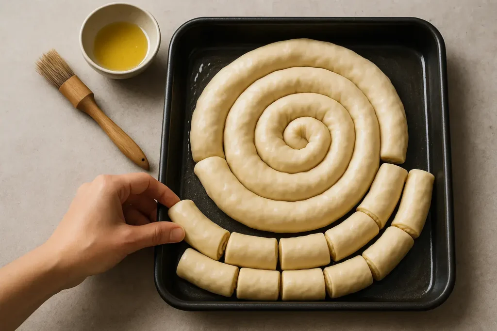 Spiralno slaganje uvijenih pita sa sirom u pleh, tradicionalna priprema sukanе pite.
