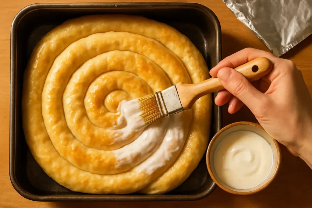 Premazivanje pite sa sirom kiselim mlekom pomoću četkice, pre pečenja.