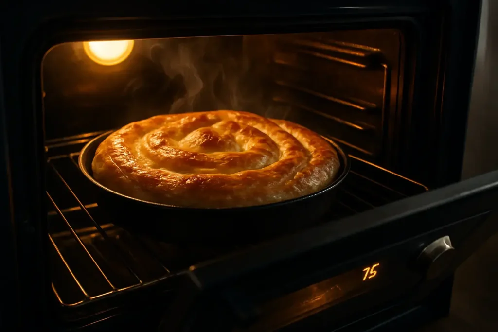 Zapečena sukanа pita u rerni, zlatno-smeđa korica se puši, sveže pečena