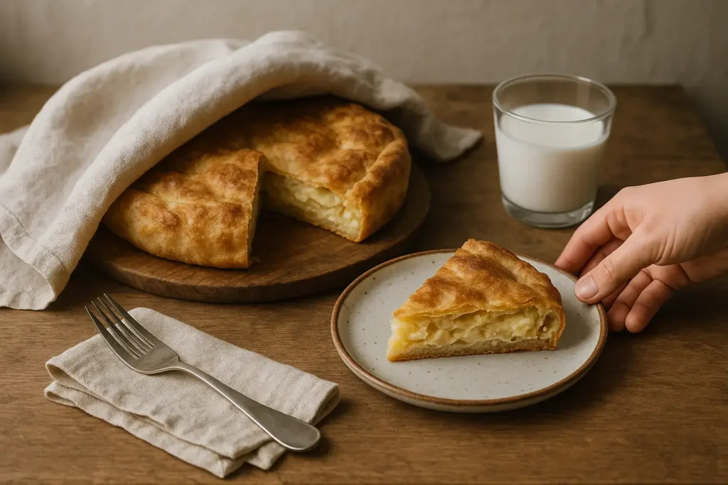 Gotova domaća sukana pita sa sirom servirana na stolu, jedno parče na tanjiru uz čašu mleka.