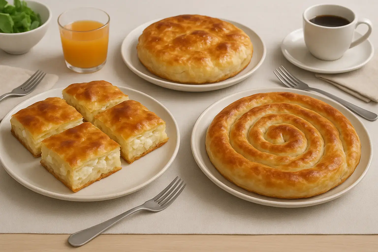 Domaće pite sa sirom na stolu, spiralna i četvrtasta, uz sok i kafu, spremne za posluženje