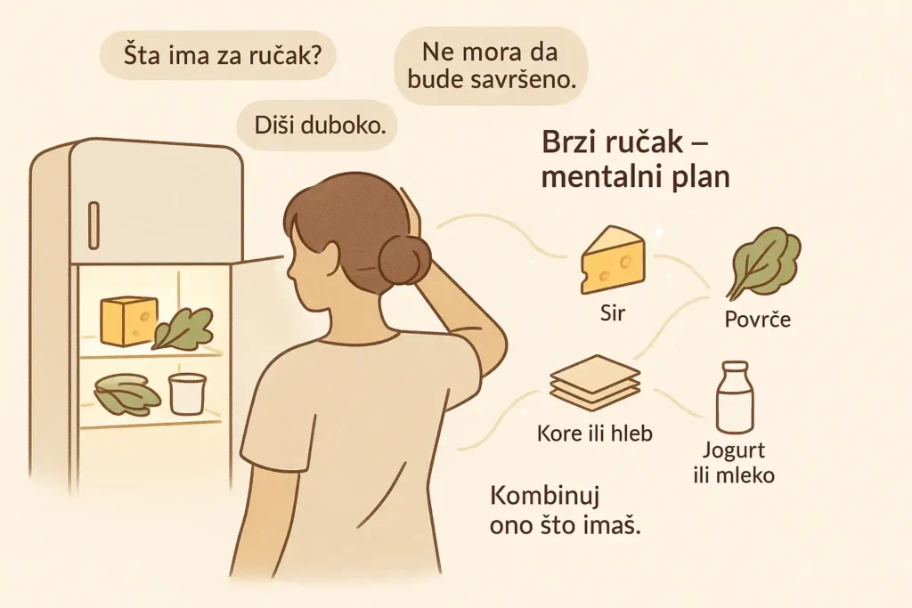 Ilustracija žene ispred frižidera s natpisima: Brzi ručak mentalni plan, sir, povrće, kore ili hleb, jogurt ili mleko