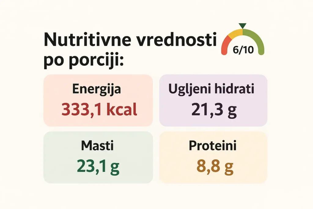 Nutritivne vrednosti po porciji za sukanu pitu: 333,1 kalorija energije, 21,3 grama ugljenih hidrata, 23,1 grama masti i 8,8 grama proteina. Ocena kvaliteta je 6 od 10.