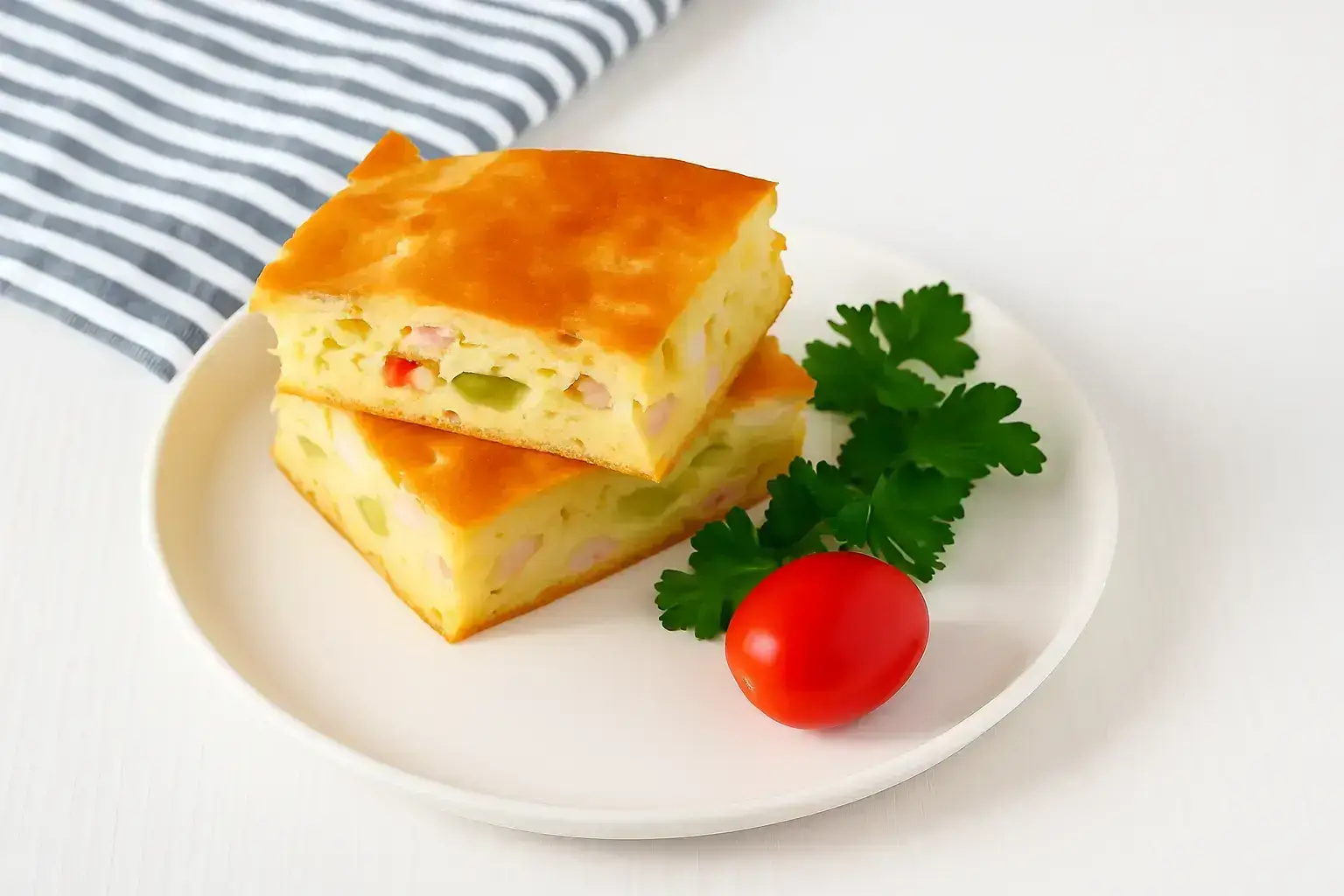 Carska pita na tanjiru sa svežim peršunom i čeri paradajzom, tradicionalno slano pecivo sa šunkom, sirom i povrćem.