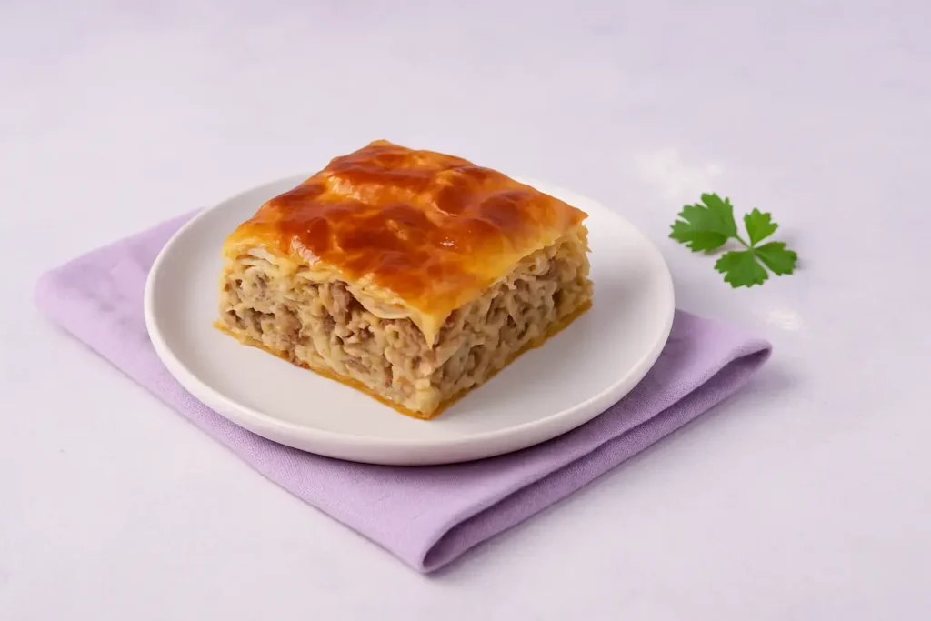 Pita sa mesom na tanjiru, servirana na lila krpi sa svetlom pozadinom, sočan sloj mlevenog mesa u hrskavim korama