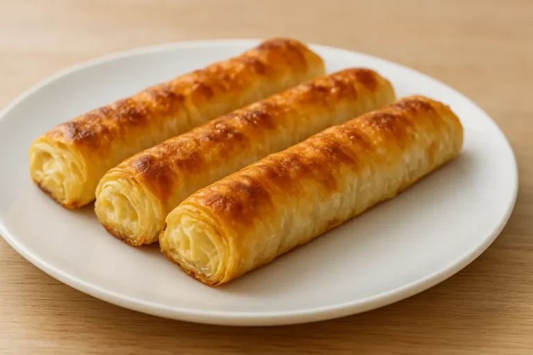 Rolovana pita sa sirom od gotovih kora, zlatno pečena, servirana na belom tanjiru na drvenom stolu.