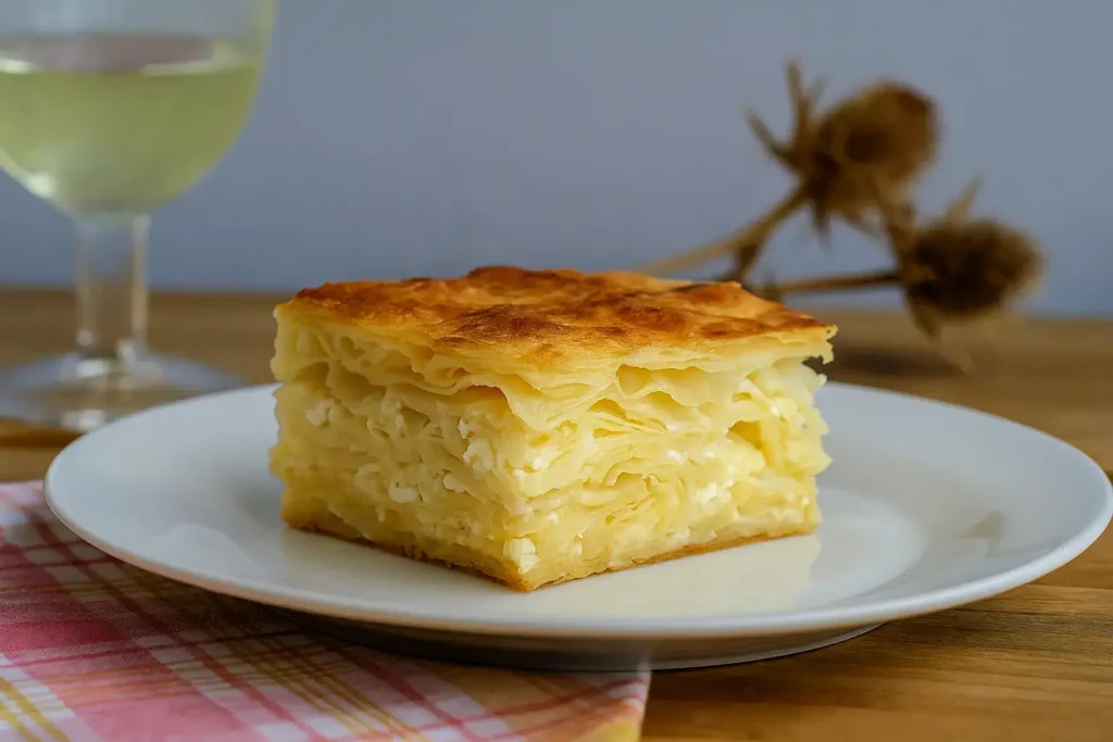 Parče domaće gibanice sa sirom na belom tanjiru, posluženo uz čašu belog vina.