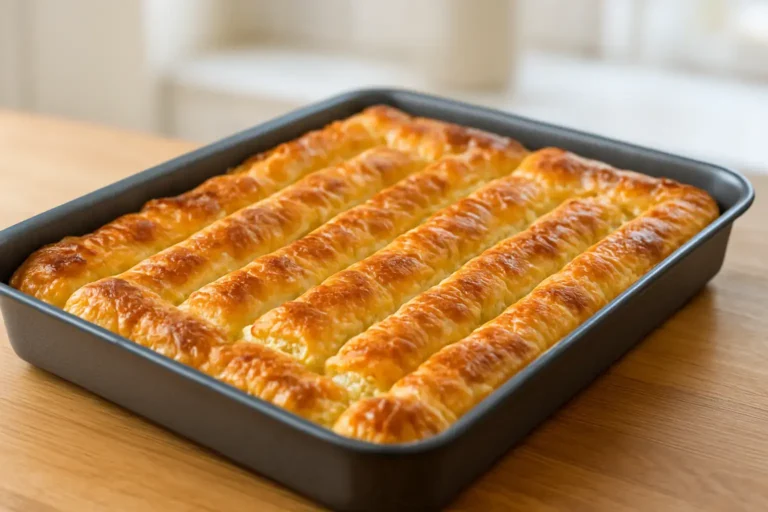 Rolovana pita sa sirom od gotovih kora, zlatno pečena i poređana u plehu na drvenoj površini.