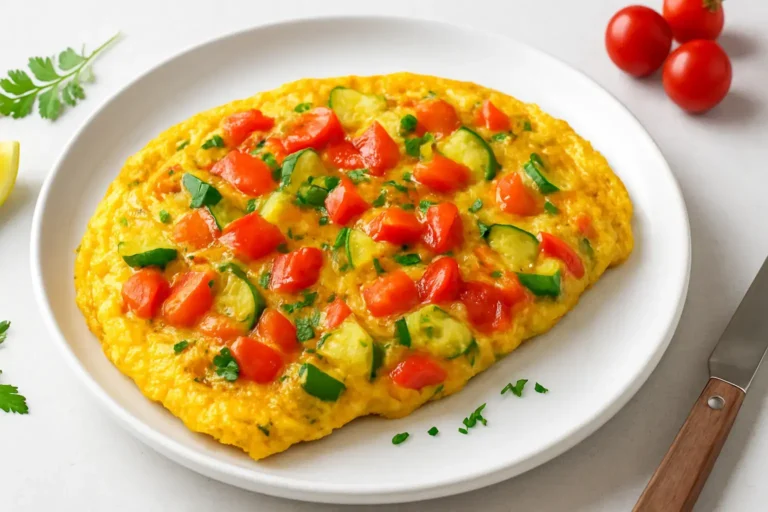 Omlet sa povrćem u tiganju, posut svežim peršunom