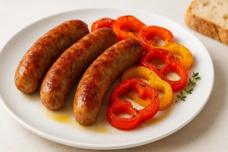 Pečene kobasice sa paprikama u rerni, servirane toplo.