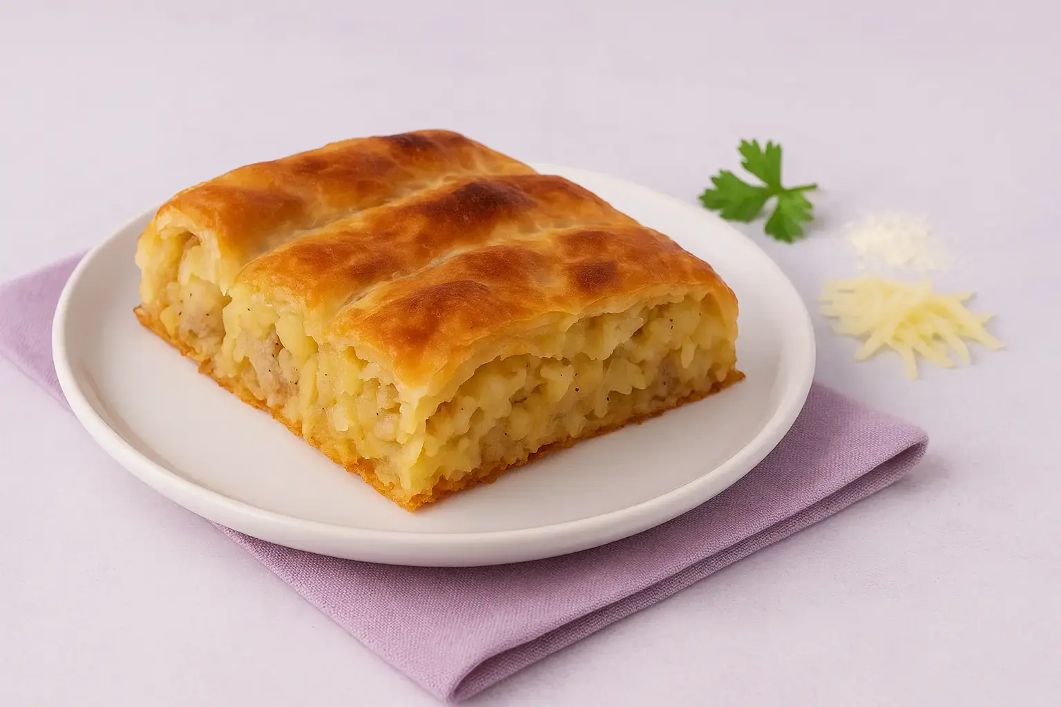 Domaća pita sa krompirom poslužena u tanjiru. Tradicionalni recept.