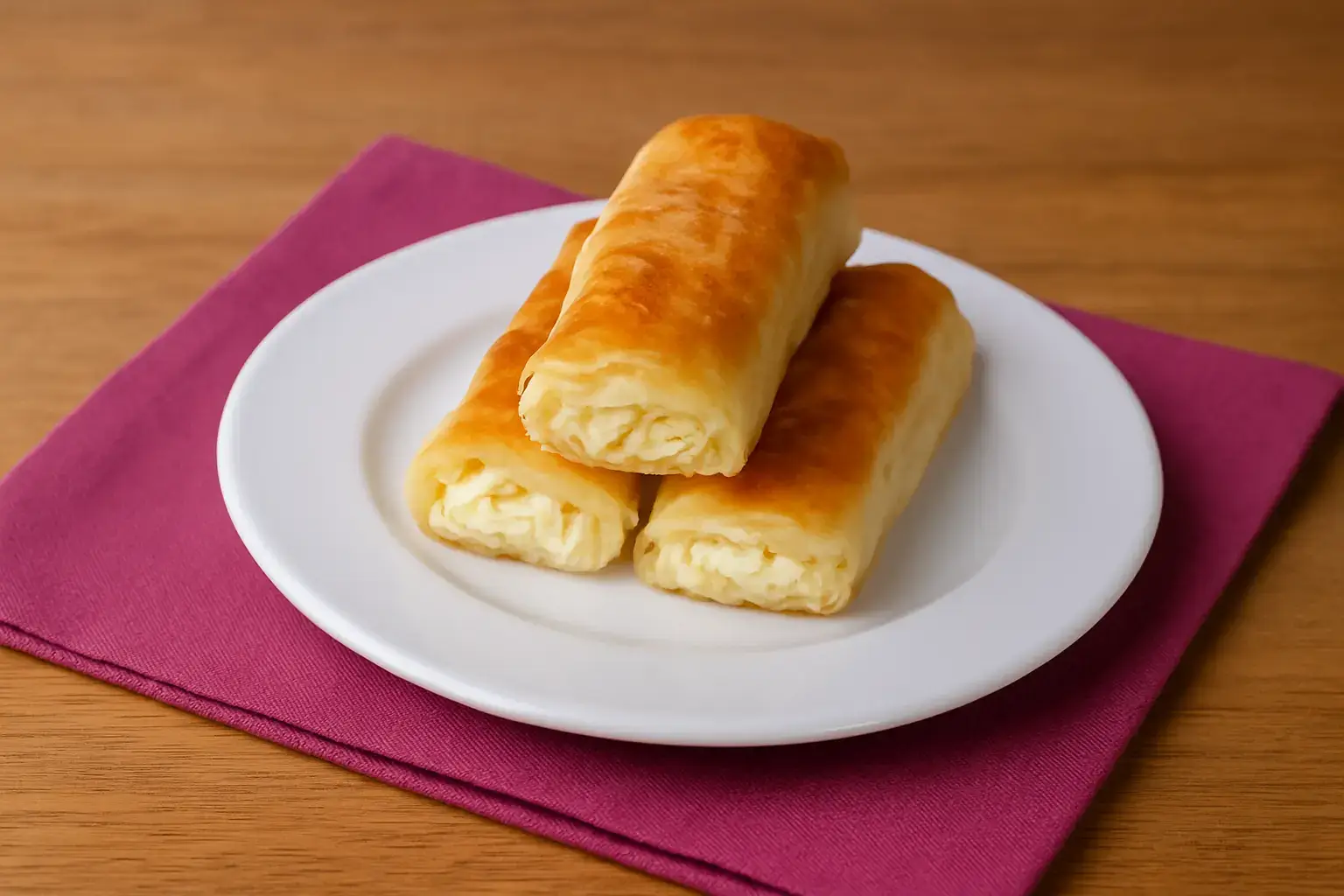 Tri ispečena rolana parčeta pite sa sirom od gotovih kora na tanjiru.