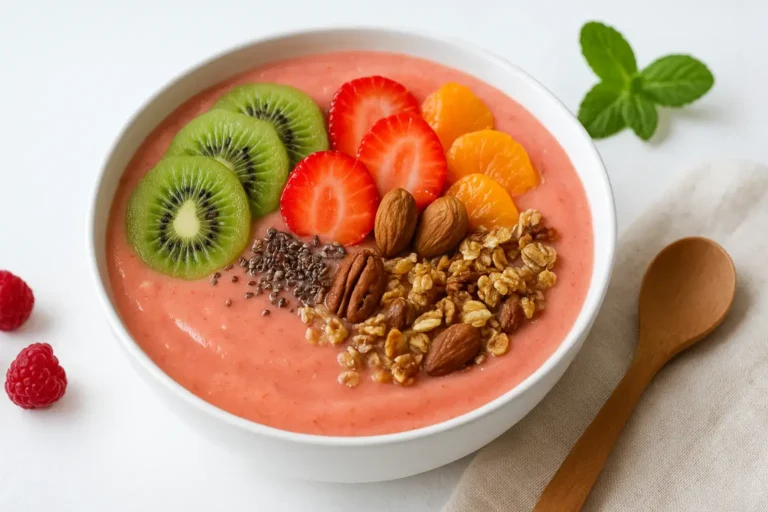 Smoothie bowl sa voćem, granolom i semenkama u činiji.