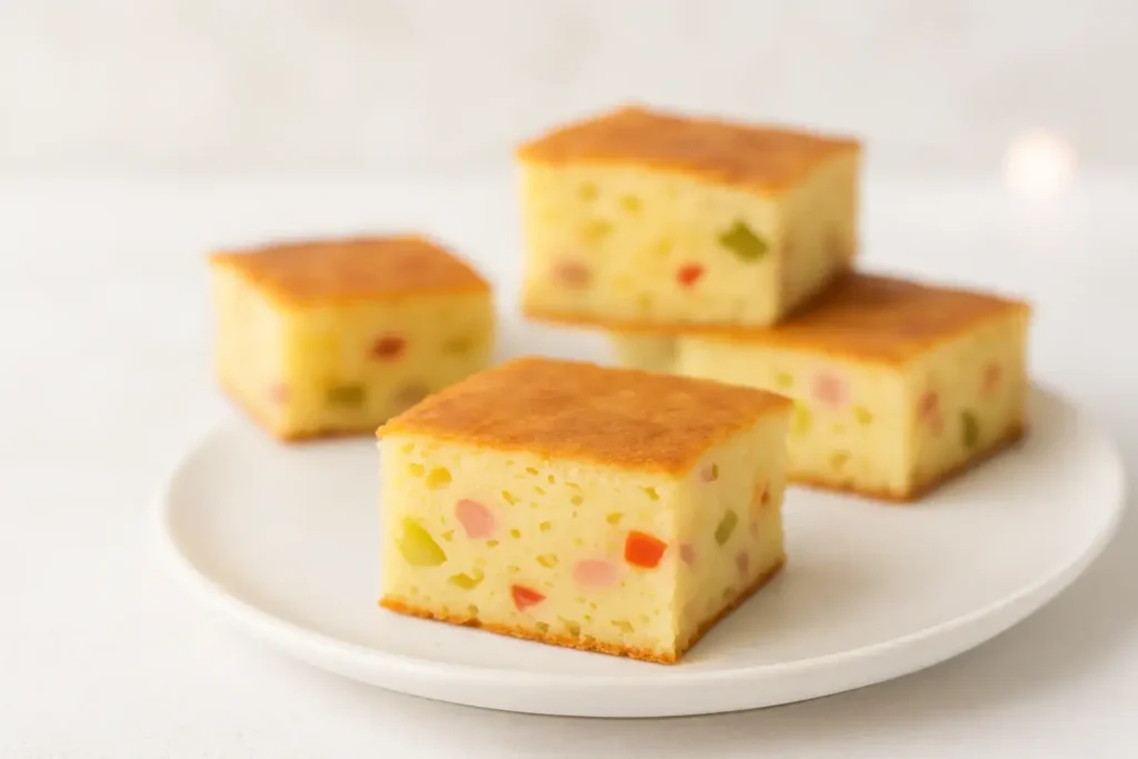 Komadi španske pite sa zapečenom koricom na belom tanjiru, sa jedva vidljivim komadićima šunke, paprike i krastavaca, u svetloj minimalističkoj pozadini sa detaljima.